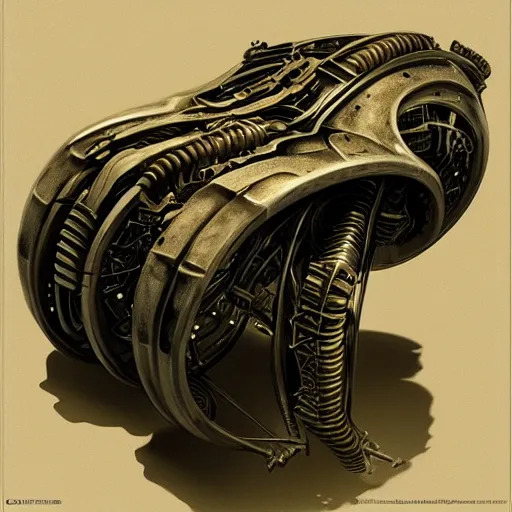 Image similar to steampunk scifi tech hardsurface shaped like a fossil, form exploration, big medium small, artstation, colored marker, syd mead, hr giger, concept art