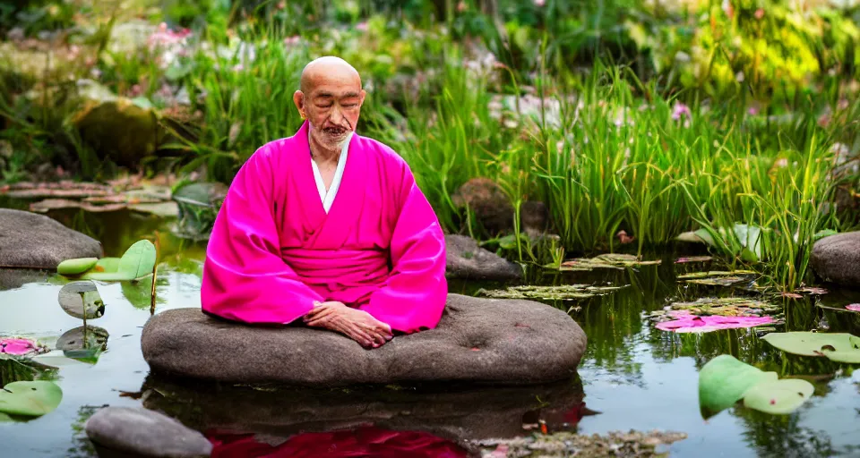 Prompt: bokeh lens, photo of a zen master wearing a beautiful pink and red kimono quietly sitting in a rock garden overlooking a pond of lilly pads during a sublime sunrise, one sun, his dark silhouette completely obscured by bokeh, colorful masterpiece photography, atmospheric, fog, morning dew,