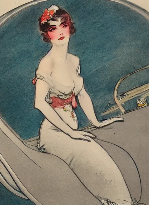 Image similar to Louis Icart, a colored drawing of a woman posing in front of a 1920's car by Louis Icart, highly detailed, masterpiece