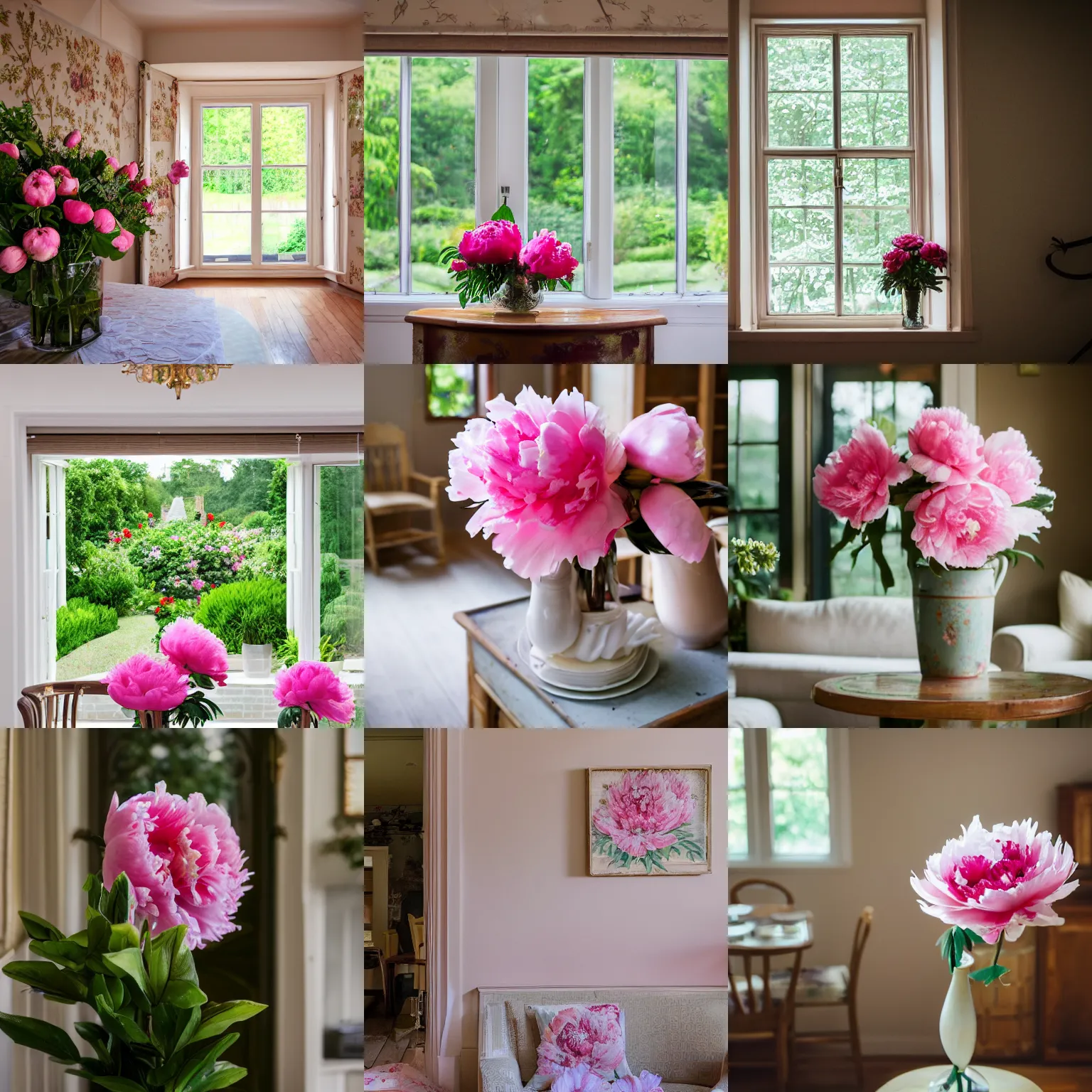 Prompt: inside of summer manor with peony, bokeh