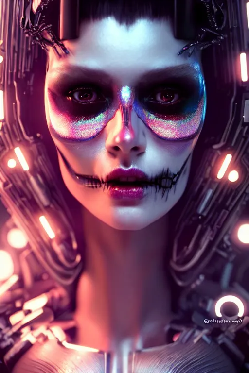 Prompt: beautiful android woman, crying!, tears!, sharp, photorealistic cinematic, 3 d model, cyborg, postcyberpunk, blade runner, octane render, concept art, vogue, 8 k, intricate detailed environment el dia los muertos. terry oneill, artgerm, michael welan, giger, wlop, loish