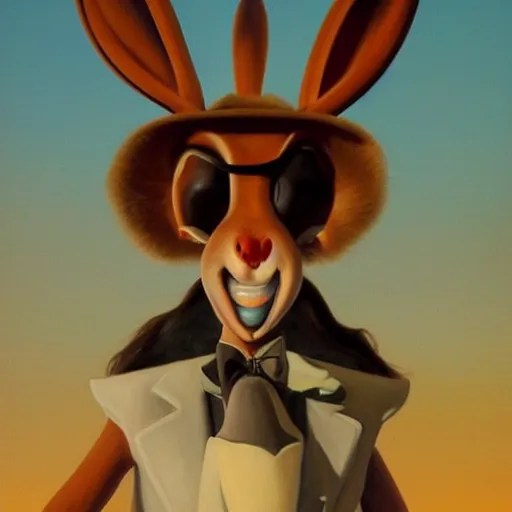 Image similar to salvadore dali cosplay bugs bunny, art by wgreg rutkowski. during golden hour. extremely detailed.