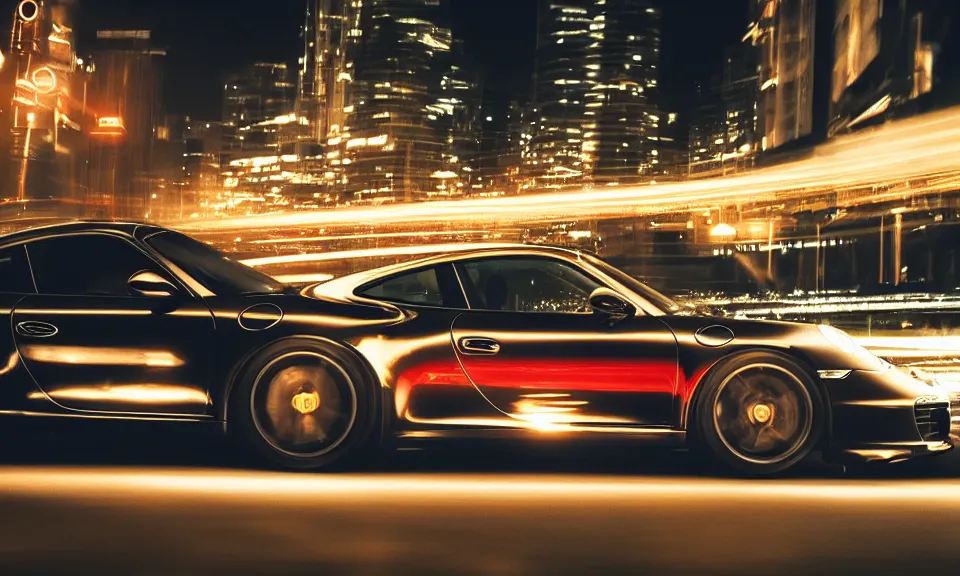 Image similar to photo of a porsche 911 at night driving fast through a city, cinematic, 4k, long exposure photography, tokyo drift, fast and furious, film still, night photography, motion blur, lens flare, movie shot, light trail, distortion, wide angle