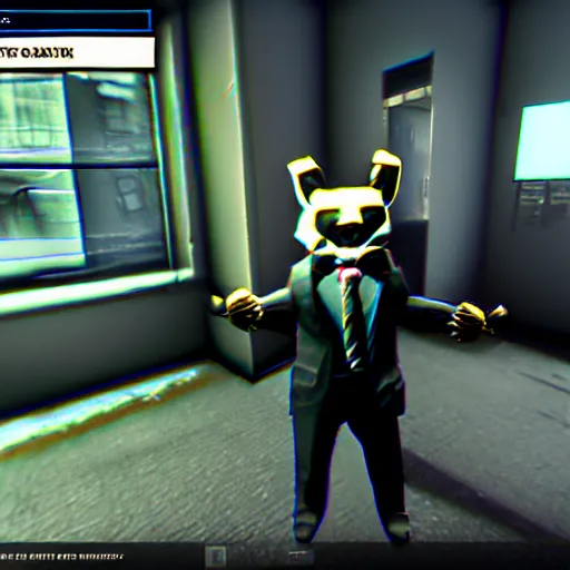 Image similar to screenshot from the pc game payday 2 ( max graphics settings ) demonstrating the fursuit unlock