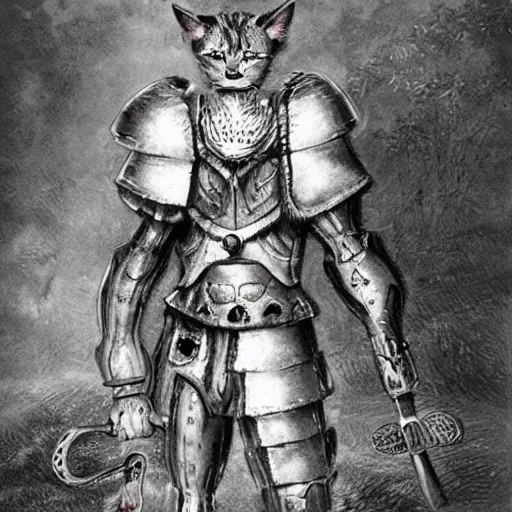 Prompt: humanoid with cat-like features in futuristic armor, yellow eyes, teeth that protrude past the lower lip and fine grayish fur on their faces and backs of their hands and carrying weapons,