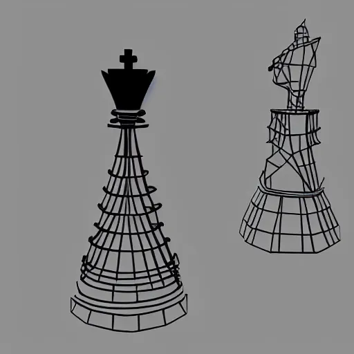 Image similar to chess piece wireframe mesh model, low poly, occult machine, empty room