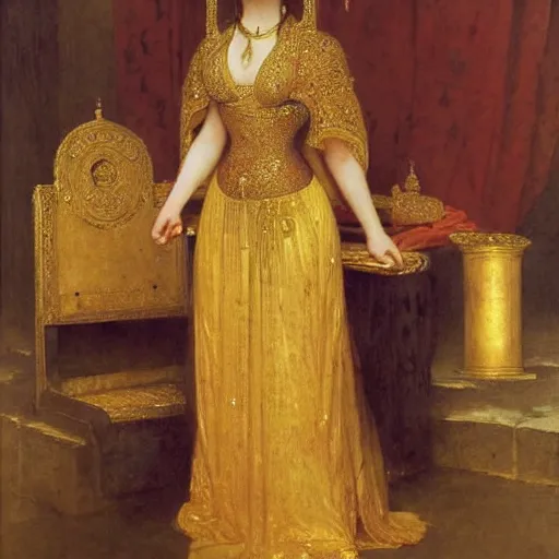 Image similar to a queen in a gold dress, ancient, arabic art, oil painting, otomo, amano, bouguereau, gustave moreau