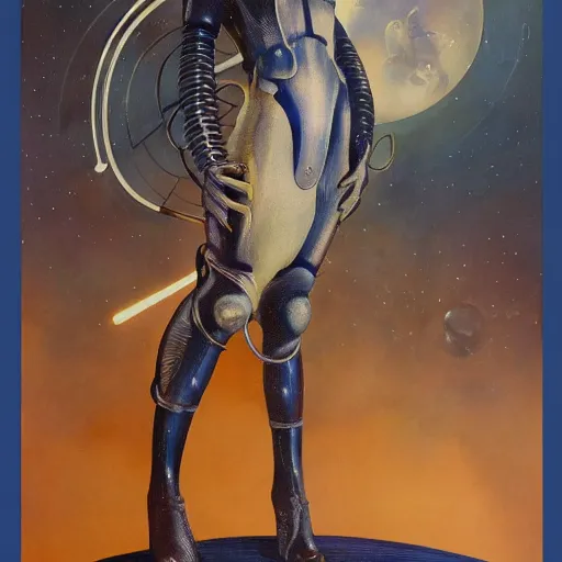 Prompt: Art Nouveau pulp sci fi magazine painting with no text, 1920s space costume designed by HR Giger, octane render, b3d, trending on artstation, chrome and blue background