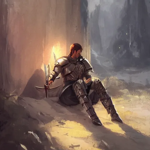 Prompt: 'A human male paladin in chainmail is resting on his knee with a greatsword in his hand, art by Greg Rutkowski, 4k'