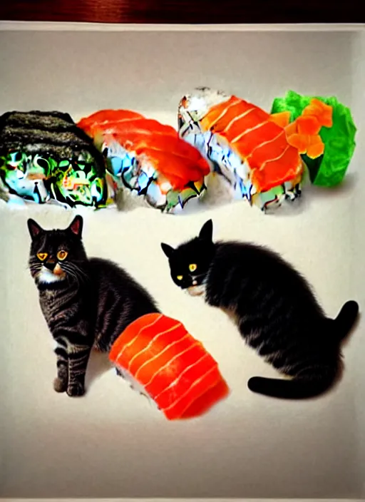 Image similar to clear photorealistic picture of adorable cats made out of sushi