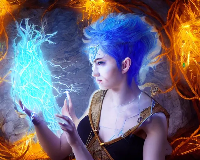 Image similar to blue haired female god casting a spell using sigils and floating runes, flowing robes, in a cave with glowing crystals on the walls, electric vines flowing from hands, fantasy, cinematic composition, dramatic lighting, detailed painting, 8 k,