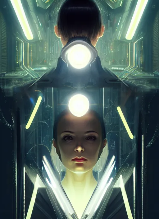 Image similar to symmetry!! portrait of woman with nanotech, sci - fi -, cyberpunk, blade runner, glowing lights, tech, biotech, techwear!! intricate, elegant, highly detailed, digital painting, artstation, concept art, smooth, sharp focus, illustration, art by artgerm and greg rutkowski and alphonse mucha