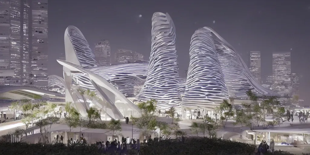 Prompt: city design by Zaha Hadid in starry nigth in the background