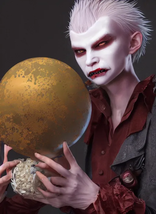 Image similar to albino androgynous vampire with a bol full of candy, photography, award wining, concept art, ambient light, 4 k, intricate details, highly professionally detailed, cgsociety, highly detailed -