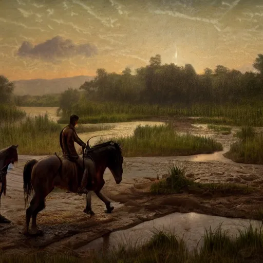 Prompt: large diorama, young man in leather tunic and loincloth, hopelessly pulling his horse from the mud of the swamp of sadness. Swampy, in the style of hudson river school, dark, volumetric lighting, crepuscule, octane render