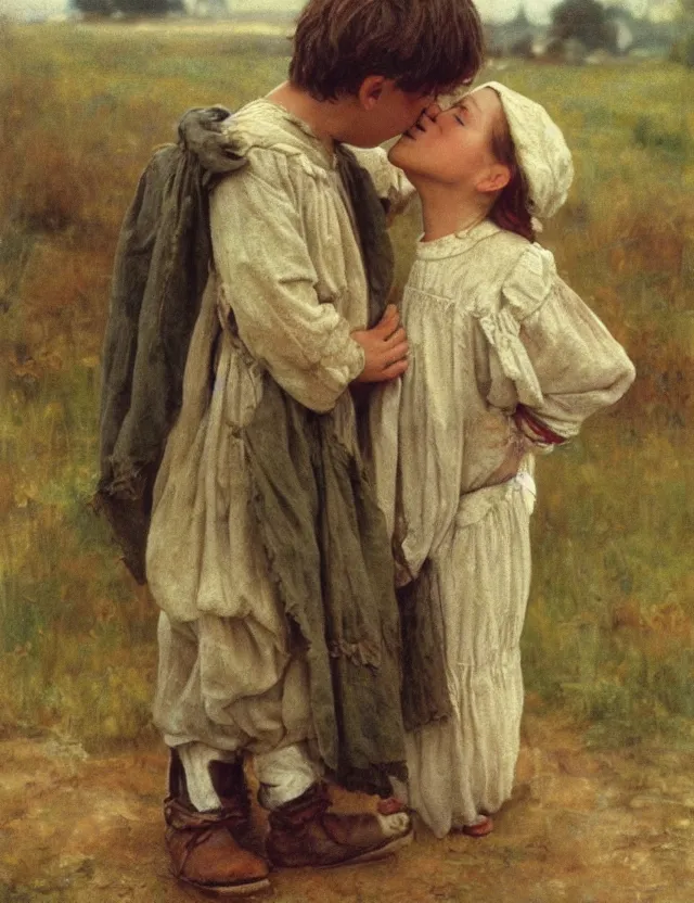 Image similar to peasant boy and girl first kiss, on a village, Cinematic focus, Polaroid photo, vintage, neutral colors, soft lights, foggy, by Steve Hanks, by Serov Valentin, by lisa yuskavage, by Andrei Tarkovsky 8k render, detailed, oil on canvas