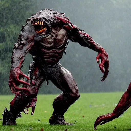 Image similar to a monster from predator is chasing joe biden on the white house lawn during a storm, dramatic