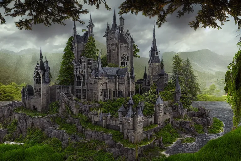 Prompt: Firt person matte painting of witch academy castle with many bonsai trees on the right with small waterfall, highly detailed garden in the middle, many stone statues, gothic building style, highly detailed, 4k, 8k resolution, trending on artstation, artstationHD, artstationHQ, octane render.