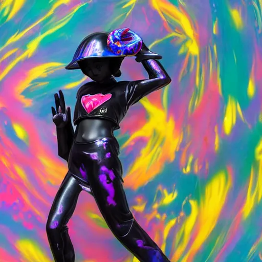 Prompt: : extremely beautiful photo of a black marble statue of an anime girl with colorful skateboard logos all over and helmet with closed visor, colorful hyperbolic background, fine art, sailor moon, neon genesis evangelion, virgil abloh, offwhite, denoise, highly detailed, 8 k, hyperreal
