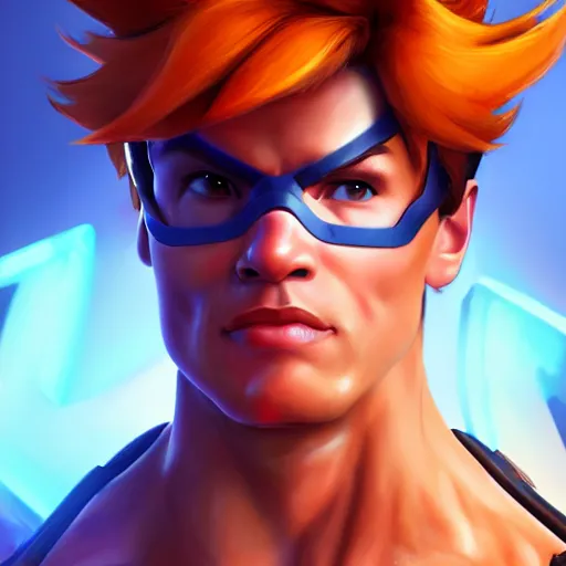 Image similar to a screenshot of arnold schwarzenegger as tracer in overwatch, portrait, fantasy, beautiful face, vivid colors, elegant, concept art, sharp focus, digital art, hyper - realistic, 4 k, unreal engine, highly detailed, hd, dramatic lighting by brom, trending on artstation