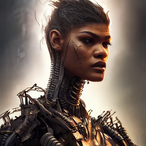 Image similar to zendaya portrait, dystopia core, apocalyptic, armor, warrior, dramatic, sharp focus, fiction, neon, fantasy, hyper detailed, digital art, trending in artstation, cinematic lighting, studio quality, smooth render, unreal engine 5 rendered, octane rendered, art style and nixeu and wlop and krenz cushart