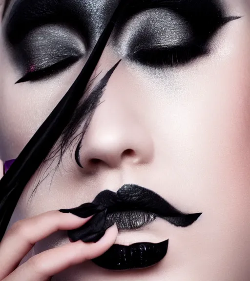 Prompt: close up portrait of a beautiful goth girl wearing heavy black makeup, studio photo, dramatic lighting