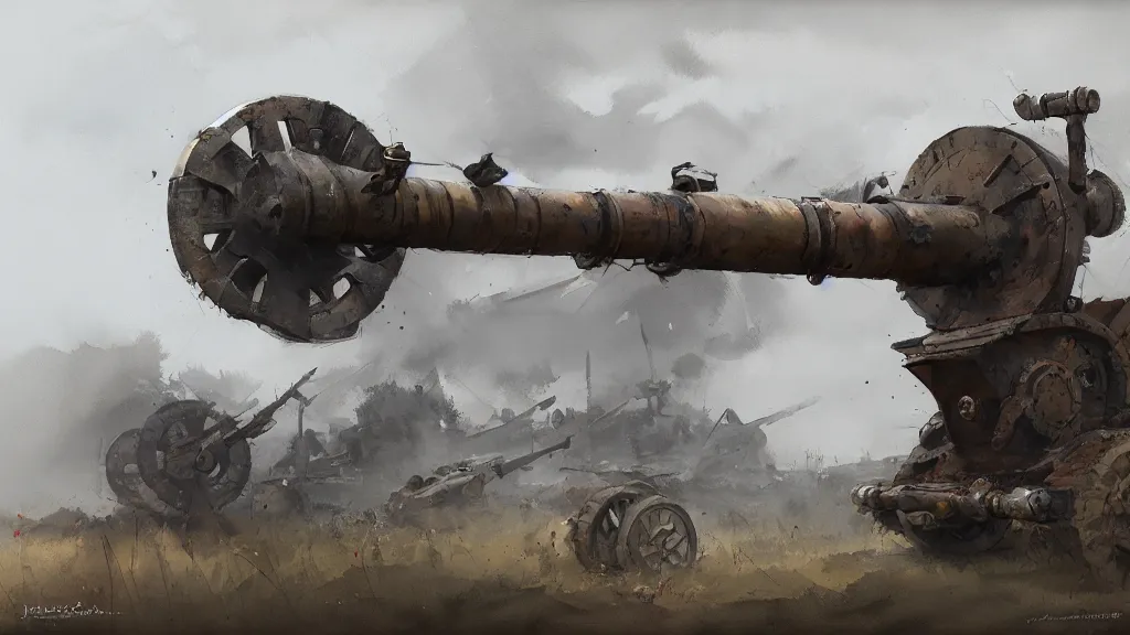 Prompt: realistic looking howitzer cannon, watercolored, jakub rozalski, dark colours, dieselpunk, artstation