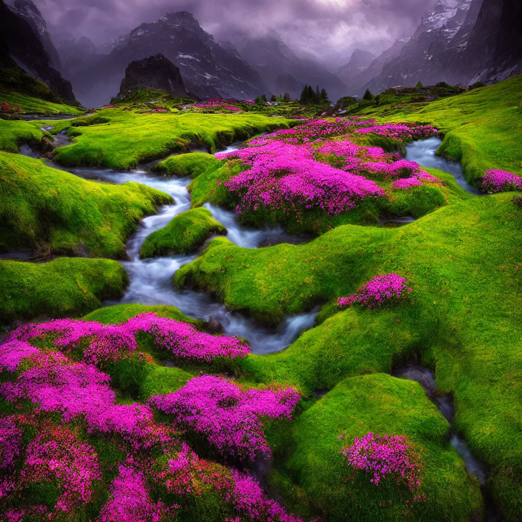 Image similar to amazing landscape photo of switzerland green spring with flowers by marc adamus, beautiful dramatic lighting