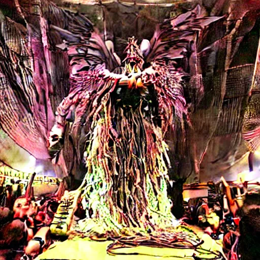 Image similar to 10,100 wemon worshipping the cybercore dragon angel pimp covered in wires damnation, holy ceremony, heavens gate, low quality photo, crowd, flikr