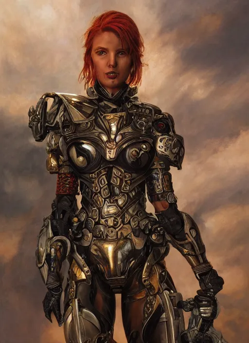 Prompt: symmetry! closeup portrait of a biblical diabolical hunter model girl, cyborg armor, in clouds, cinematic studio light! windy, venom, sunset, by gerald brom, by mikhail vrubel, by peter elson, high contrast, muted colors, extreme detail, mirrors, trending on artstation, 8 k