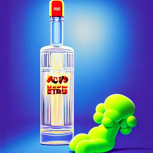 Prompt: glass vodka bottle plastic straw by shusei nagaoka, kaws, david rudnick, airbrush on canvas, pastell colours, cell shaded, highly detailed, intricate background, complex 3 d render, masterpiece