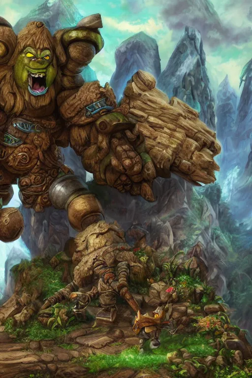 Image similar to zelda fantasy art giant golem troll wood rock greeble gemstone, global illumination ray tracing hdr fanart arstation by sung choi and eric pfeiffer and gabriel garza and casper konefal