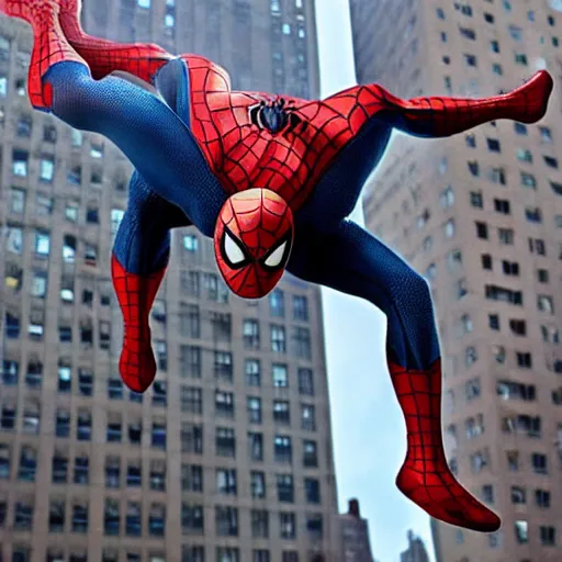 Prompt: spider - man falling from a building the background is the city of new york great photograph