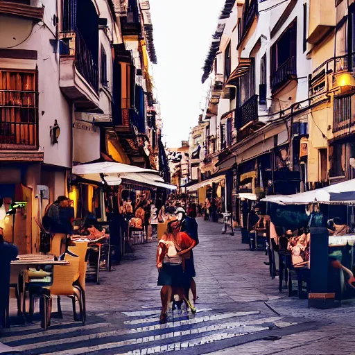 Image similar to a busy side street in valencia, people outside eating meals, taverns nighttime lifestyle, photorealistic