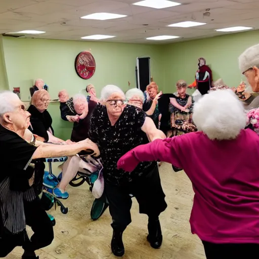Prompt: mosh pit of elderly goth people at a nursing home