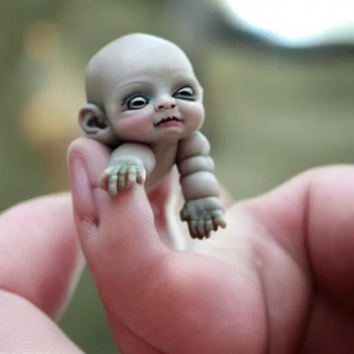 Image similar to a tiny baby demon in the palm of a person's hand, super cute