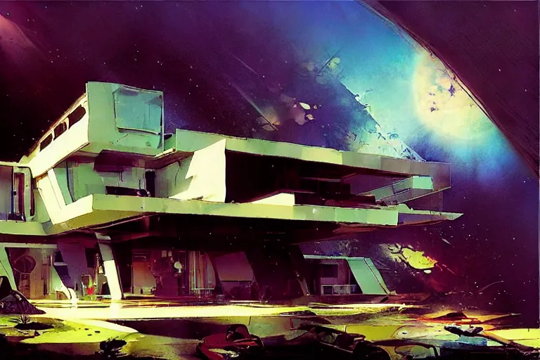 Image similar to retro futuristic house by syd mead, john berkey, jeremy mann, carl spitzweg, james gurney, science fiction