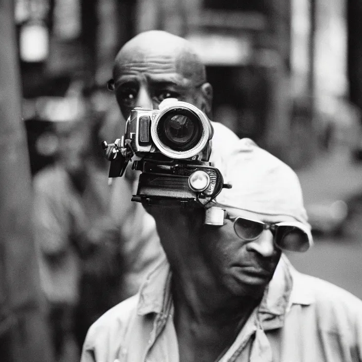 Prompt: medium format film candid portrait of a man in new york by street photographer from the 1 9 6 0 s, hasselblad film man portrait featured on unsplash, hard light damaged colour film,