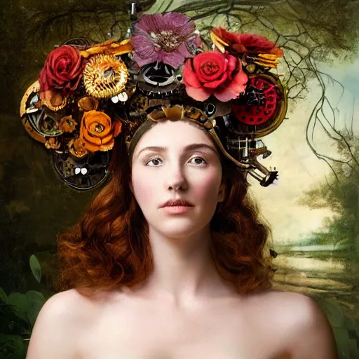 Prompt: portrait of a beautiful young cyborg woman with a big steampunk flower crown and part mechanical face , Pre-Raphaelite