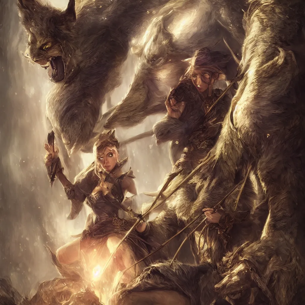 Prompt: Photorealistic close-up fantasy portrait of one single powerful angry female D&D elf ranger holding a longbow, with a pet wolf. Magical occult photorealism, UHD, amazing depth, glowing, golden ratio, 3D octane cycle unreal engine 5, volumetric lighting, cinematic lighting, cgstation artstation concept art