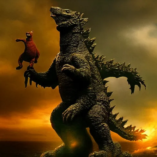 Prompt: godzilla with the head of winnie the pooh as a gigantic muppet, cinematic composition, epic dramatic lighting, realistic, hyperdetailed, photorealistic, photograph, epic scale by gaston bussiere