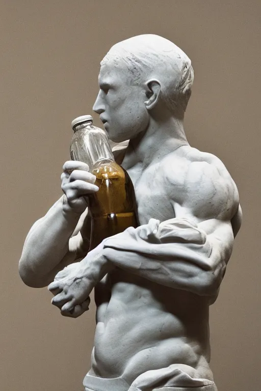 Image similar to marble sculpture of man in Adidas jacket sportswear holding a bottle, intricate sculpture, chiseled muscles, godlike, museum photo