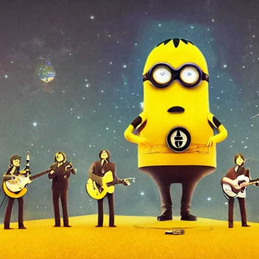 Image similar to the beatles performing with guitars, a giant yellow minion at background, sci fi, art by mike winkelmann, trending on cgsociety, retrofuturism, darksynth, sci - fi