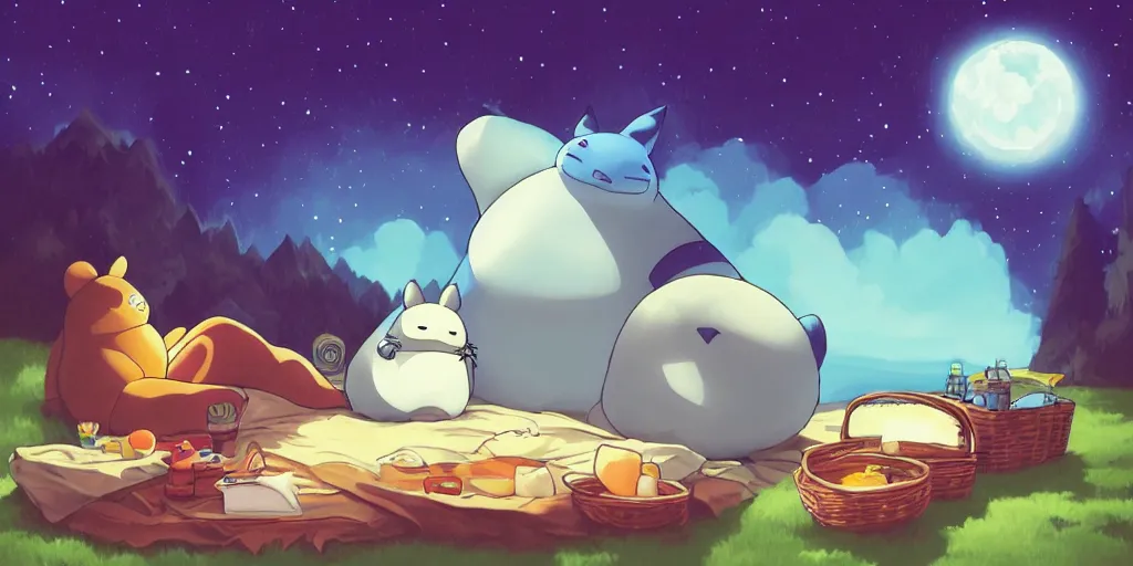 Image similar to glowing snorlax and totoro doing a picnic, mountain landscape, night sky, digital art, digital painting, celestial, majestic, colorful