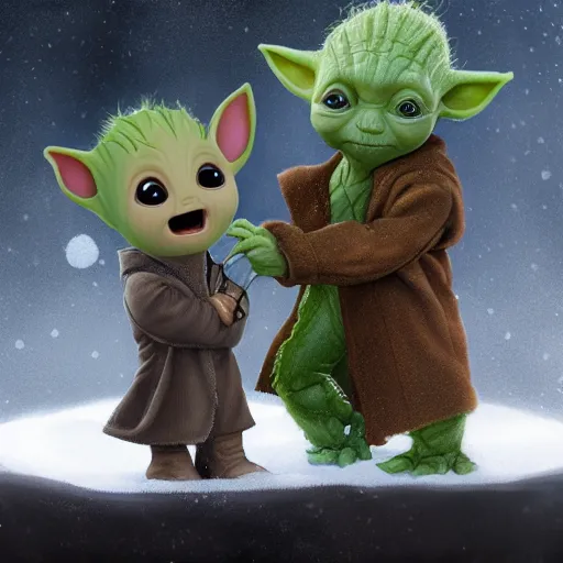 Image similar to Baby Groot and Baby Yoda are building a snowman together, hyperdetailed, artstation, cgsociety, 8k