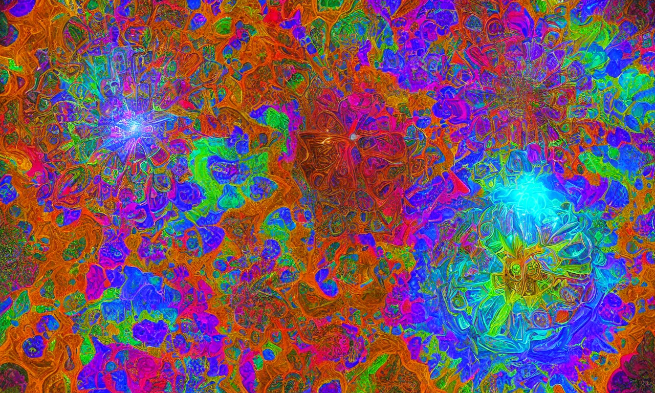 Image similar to acrylics blob voronoi engine laboratory 3 d volume kaleidoscope mandala fractal chakra digital multicolor stylized concept substance liquid nebula stone, a spectacular view cinematic rays of sunlight comic book illustration, by john kirby radiating a glowing aura global illumination ray tracing hdr depth fog overlay multiply photoshop layer