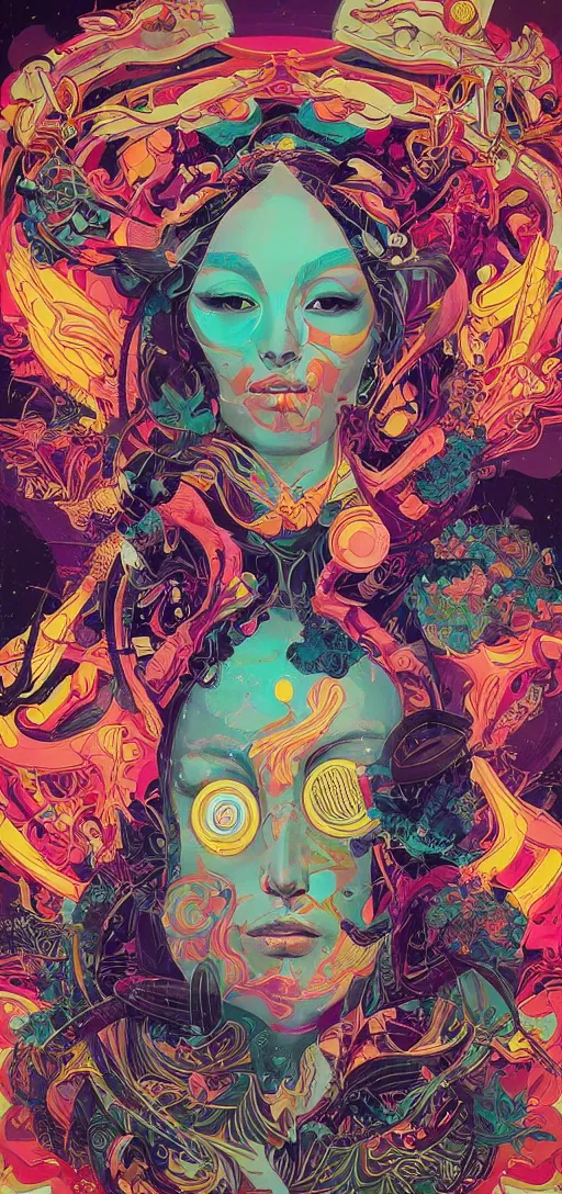 Image similar to Tristan Eaton, victo ngai, peter mohrbacher, artgerm portrait of a global consciousness. psychedelic. neon colors