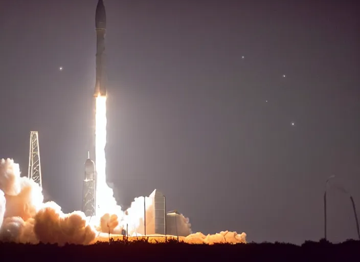 Image similar to film still of nighttime launch of the space launch system LC-39B at Kennedy Space Center in 2025, 4k, 120mm f5.6