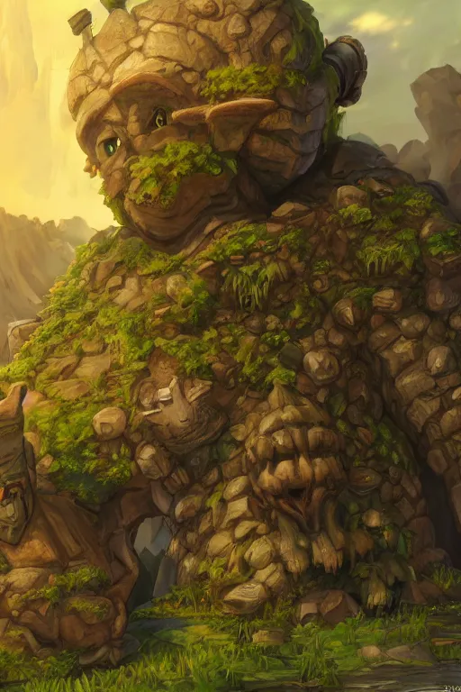 Image similar to zelda fantasy art giant golem troll wood rock greeble gemstone, global illumination ray tracing hdr fanart arstation by sung choi and eric pfeiffer and gabriel garza and casper konefal