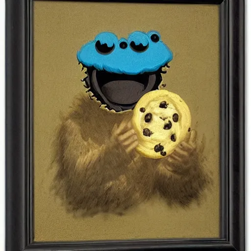 Prompt: cookie monster devouring his cookies, by francisco goya